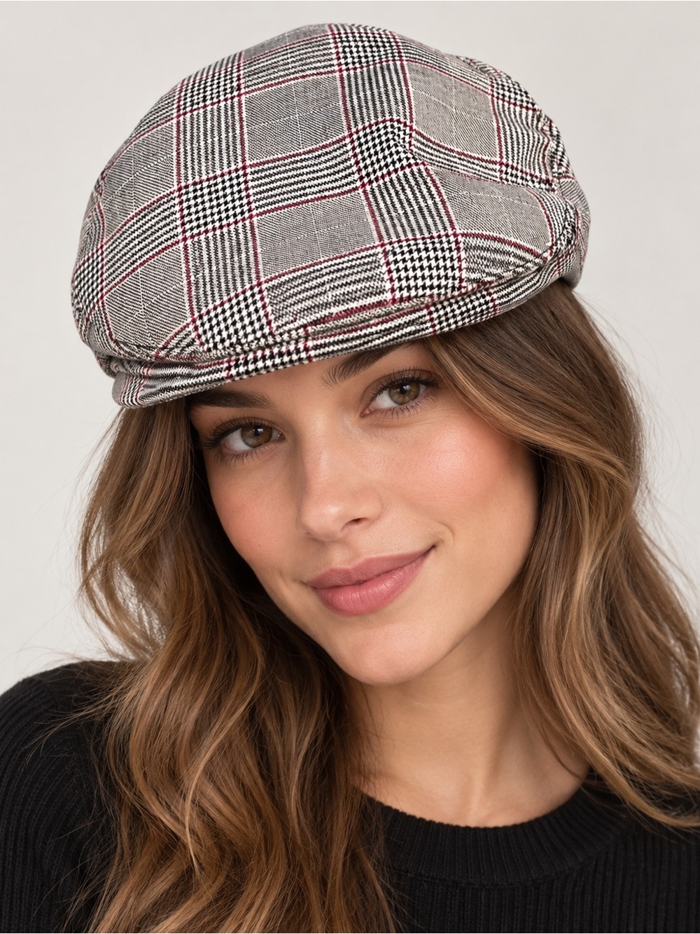 Zara Plaid Checkered Baker Boy Newsboy Cap Red Black White